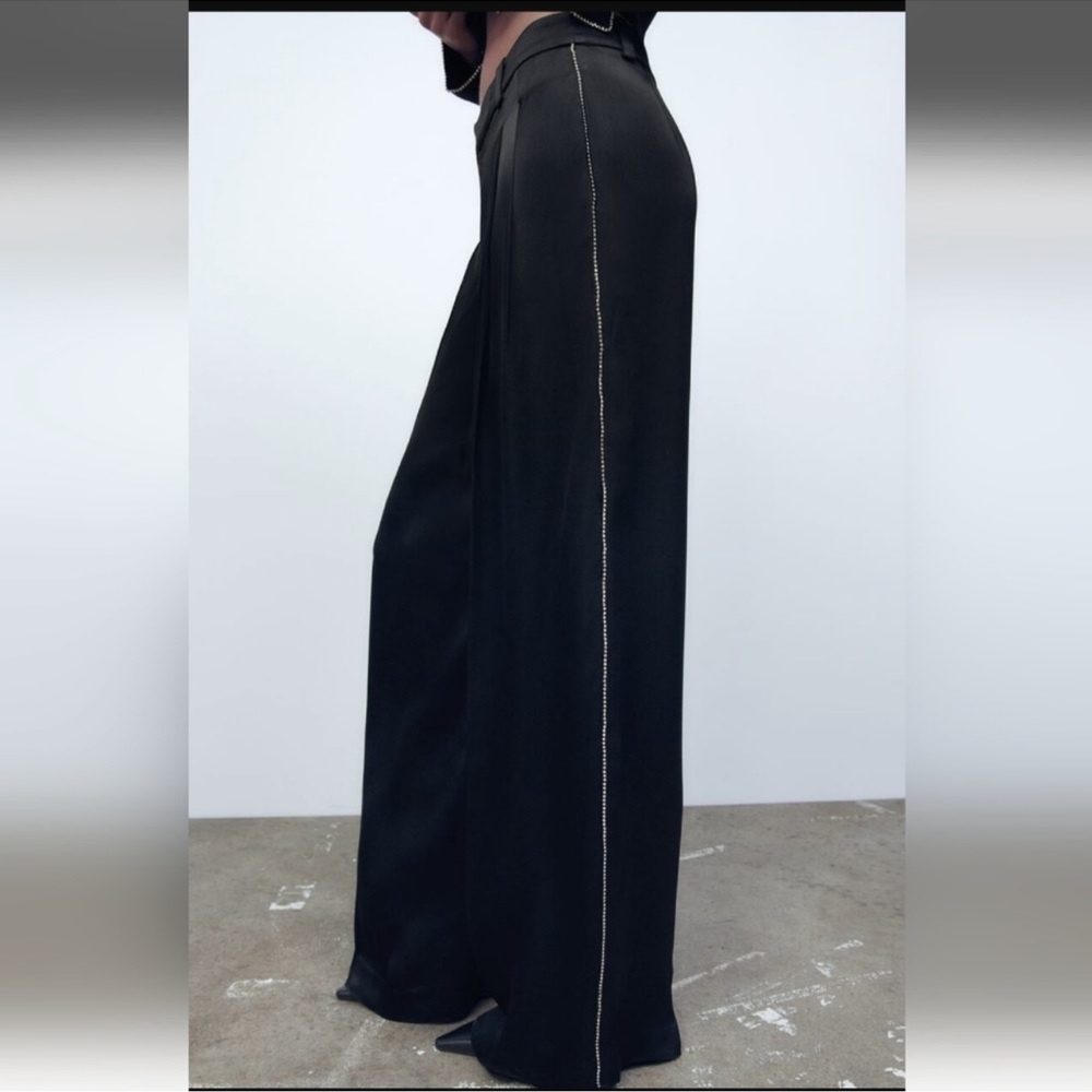 Zara Black Satin Effect Wide Rhinestone Pants